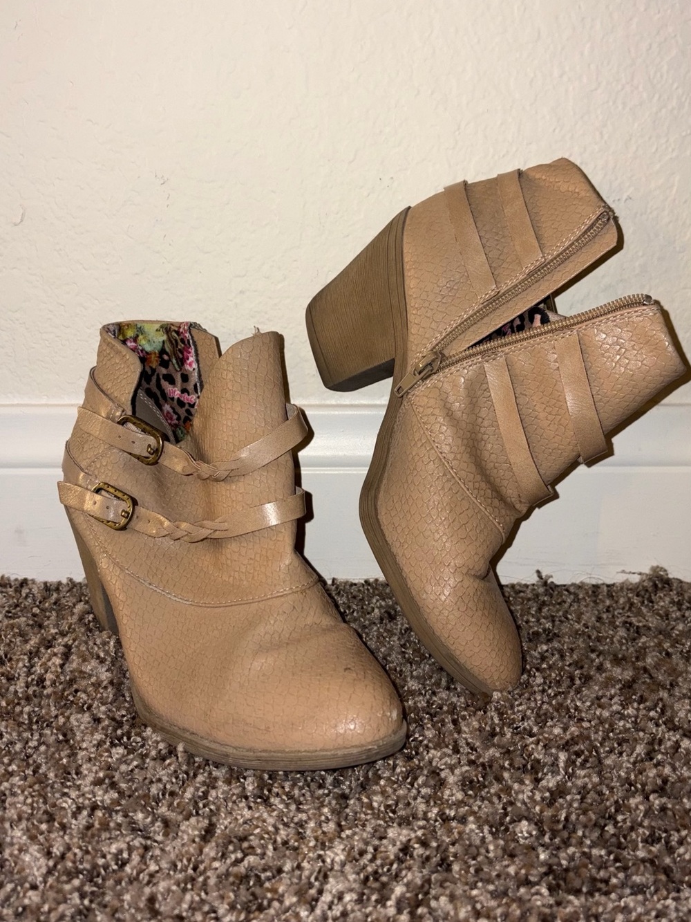 Women’s Tan Ankle Booties with Buckle Detail